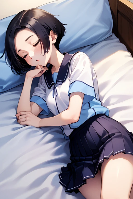 1girl, short black hair, blue eyes, wearing plain white shirt, denim shorts, city, absurdres, high res, ultrasharp, 8K, masterpiece, looking at viewer