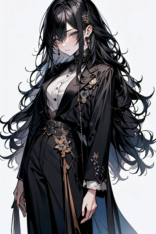 점수_9, 점수_8_위로, 점수_7_위로, Solo, Watercolor, 1 female, long wavy hair, black hair, black Eyes, wear black suit, white formal shirt, skin, Simple Accessories, city background, master piece, handsome, best quality, impasto, perfect face, adult female, full-body portraits, delicate hand, simple black tattoo, Sharp Eyes, proud