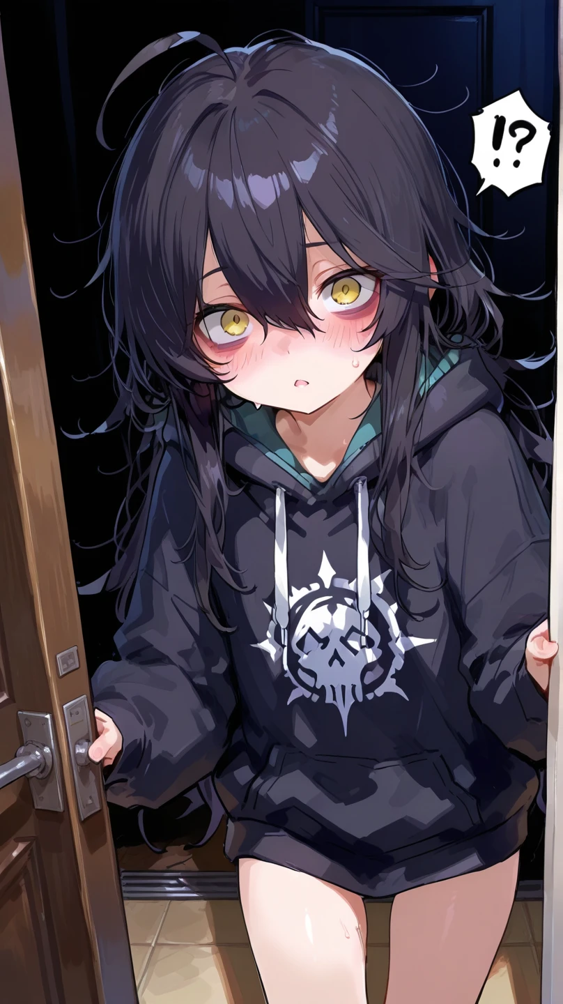 best quality, super fine, detailed eyes, 16k, incredibly absurdres, extremely detailed, emo highschool girl opening the door of her private room for you, looking at camera, emotionless expression, punk fashion, long black hair, gray deep eyes, black collar, black long-sleeves hoodie, full body, dim lights, (magnificent view:1.1) 
