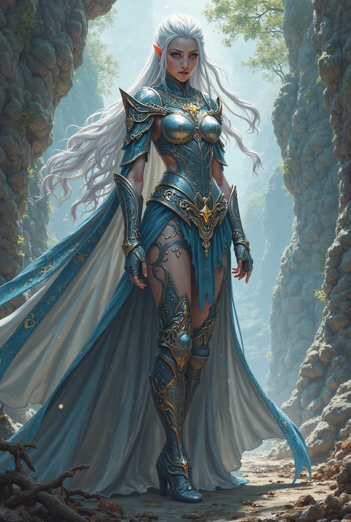 fantasy art, dnd art, RPG art, wide shot, (masterpiece: 1.4) portrait, intense details, highly detailed, photorealistic, best quality, highres, portrait a vedalken female (fantasy art, Masterpiece, best quality: 1.3) ((blue skin: 1.5)), intense details facial details, exquisite beauty, (fantasy art, Masterpiece, best quality) cleric, (blue colored skin: 1.5) 1person blue_skin, blue skinned female, (white hair: 1.3), long hair, intense green eye, fantasy art, Masterpiece, best quality) armed a fiery sword red fire, wearing heavy (white: 1.3) half plate mail armor, wearing high heeled laced boots, wearing an(orange :1.3) cloak, wearing glowing holy symbol GlowingRunes_yellow, within fantasy temple background, reflection light, high details, best quality, 16k, [ultra detailed], masterpiece, best quality, (extremely detailed), close up, ultra wide shot, photorealistic, RAW, fantasy art, dnd art, fantasy art, realistic art,((best quality)), ((masterpiece)), (detailed), perfect face