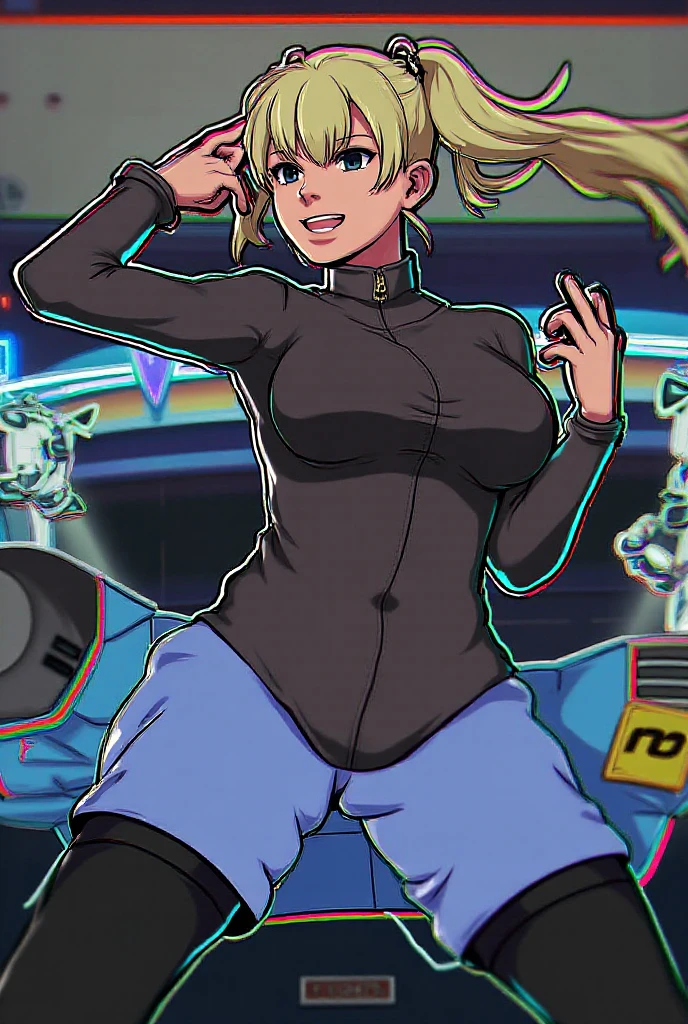 mixed_art style, Cleavage, sweaty, big breasts, Game girl, pixelated, inside a game, arcade, colorful pixelated clothes, square sword