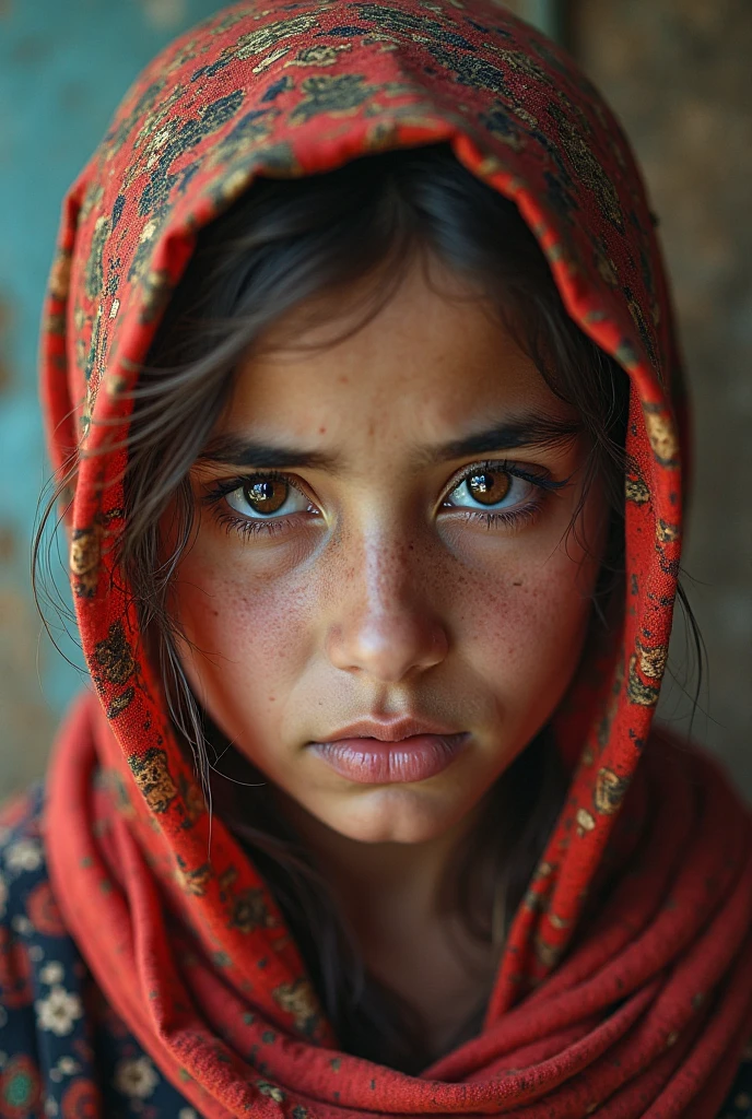 woman with red scarf with soft red floral pattern and green eyes in front of a fuzzy green wall, with slight vertical creases, the eyes of sharbat gluttony, Afghan girl, Steve McCurry style, inspired by Steve McCurry, portrait of Steven McCurry, Steve McCurry and Irakli swim, by Steve McCurry, innocent look. rich bright colors, aerochromatic eyes, girl with white eyes,