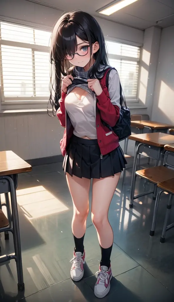 summer、An empty school classroom、thick、Sweat、、high school girl、Student Bags、、Low length、(((((Eyes hidden by long bangs)))))、(((Long black hair:1.2 hair band)))(((Black-rimmed glasses:1.2 black eye)))、Backlight、evening、Nostalgic atmosphere、Look at this、Front view、Full Body Shot、glamorous、loose socks、Checkered mini skirt、Navy knit vest、Are standing、sneakers、Skirt Lift、Open shirt、Showing her ysterious、avert your eyes、