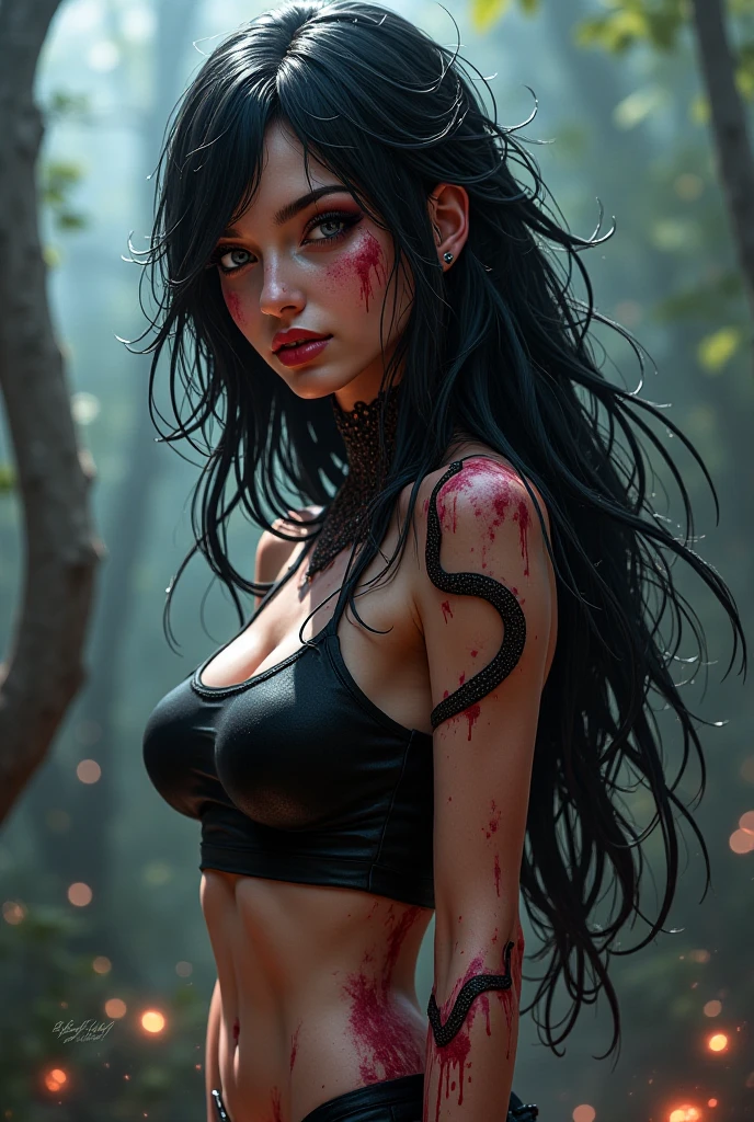 a cute girl, (epic portrait:0.85), flowing hair, sweaty skin, night, [[soft cinematic light, adobe lightroom, photolab, hdr, intricate, highly detailed, ]], ((by brian m viveros)), (depth of field), epic realistic, (bloodpunk:1.2)