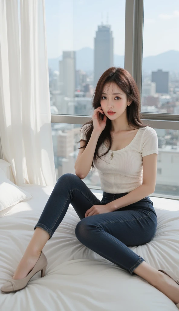 Draw lips correctly, red lipstick, from chest up, best quality, Super detailed, lifelike, Super fine skin, perfect anatomy, (1 日本Mature的女人), (alone)，Wear a red crew neck shirt，short sleeves，blue jeans，trousers，black belt，wavy long hair，37-year-old female，Mature，charming smile，Large living room background：Luxurious large sofa、flower，stand，Leg length，Chubby body，Big breasts，Sitting on the sofa，full-body shot