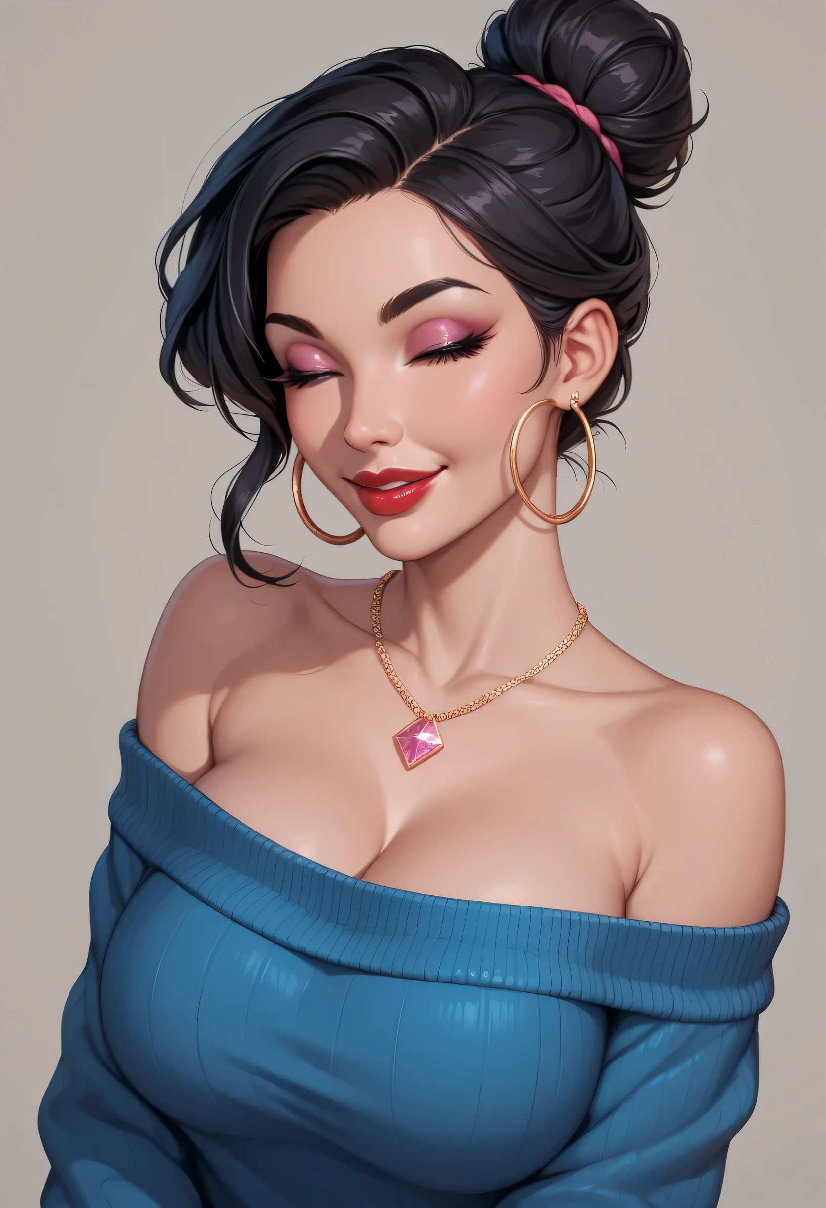 ((Perfect Face)), Black Hair, ((Hair Bun)), Black Eyebrows, Thin Eyebrows, Closed Eyes, (Pink Eyeshadows), Black Eyeliners, Erring Hoop, Nose, Thick Lips, Red Lips, (Big Smile), (Hands On Own Face), Collarbone, Cleavage, Large Breasts, Off-Shoulders Sweater, Blue Sweater, (Looking At Viewer), Necklaces