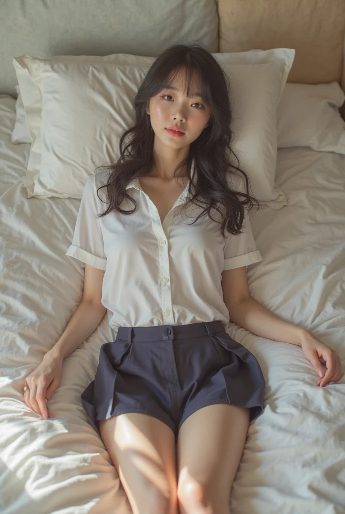 masterpiece,best quality, yo ,Japanese girl ,natural lips, bob hair, (black blouse),(tartan check skirt), ((skirt lift)),(White panty),((Sleep with your eyes closed)), ((Spread legs)), lying on bed, ((from side)), hip focus,