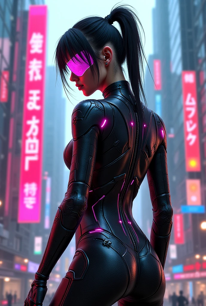 (masterpiece: 1.3), (8K, Photorealistic, Raw Photo, Best Quality: 1.4), (score_9, score_8_up; anime; idol_face; deep_color; cinematic_lighting; 32k); loveholic, 1girl, futuristic urban setting at night, wearing a form-fitting jumpsuit with glowing circuit