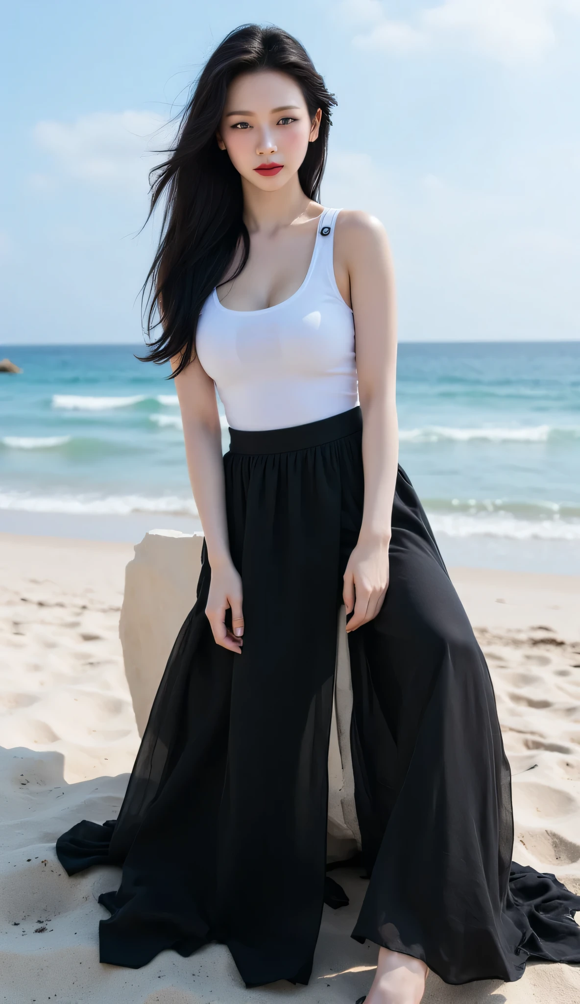 Asian woman on the beach，Black silk ，the pleated skirt，white  shirt，Black silk is worn on the legs，Elongated legs，2 2 years old，thicc，She was about 26 years old，Height 170 cm，korean people，Delicate face，realisticlying，Japan High Cold Goddess，Normal-sized breasts，black sock，Hand optimization，Pure，big breasts beautiful