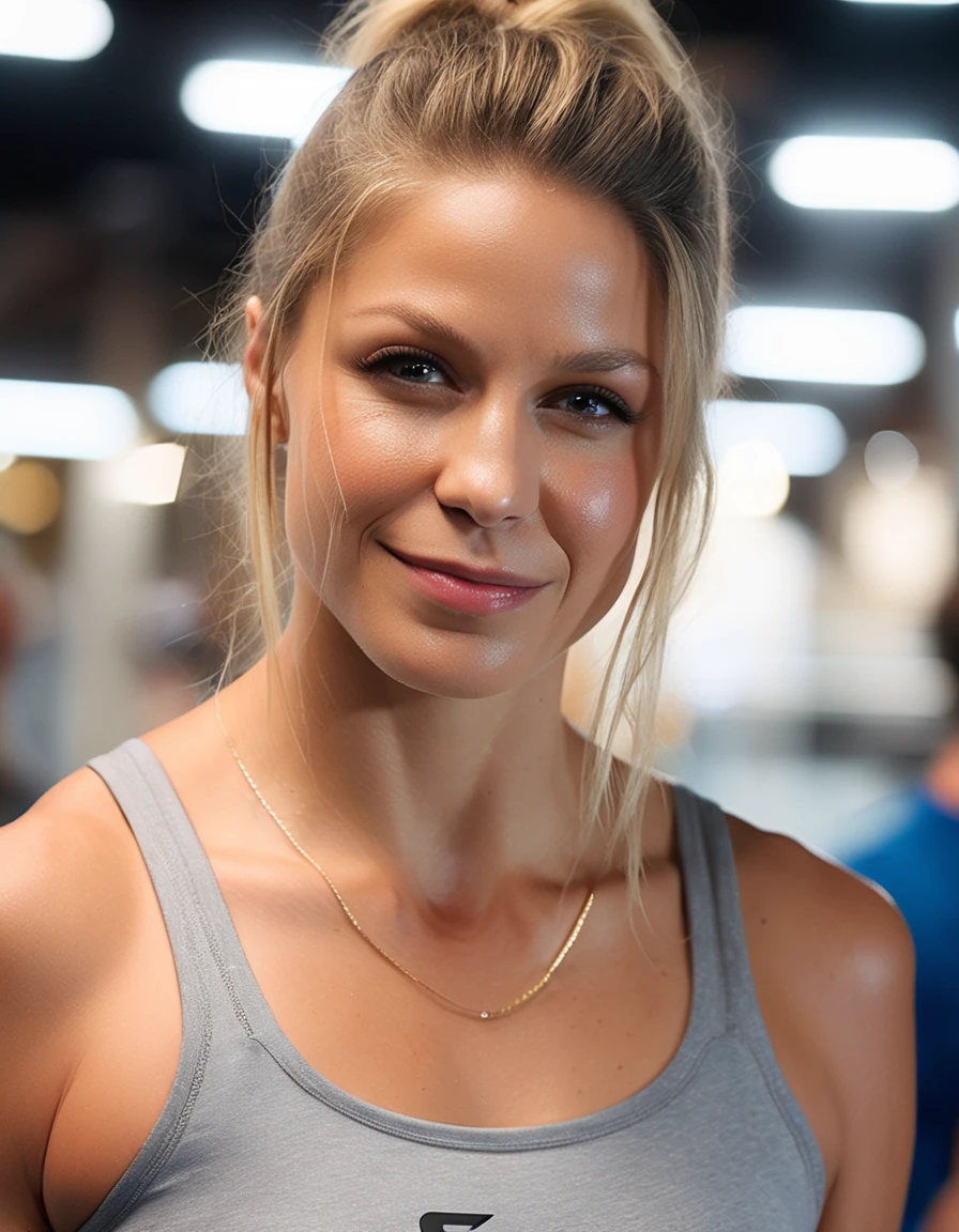 photo and gross, Face portrait photo of beautiful 26 years old blonde ..oh woman, Beautiful face, wearing gym clothes, happy face, hard shadows, whole body, In the gym ,dramatic lighting