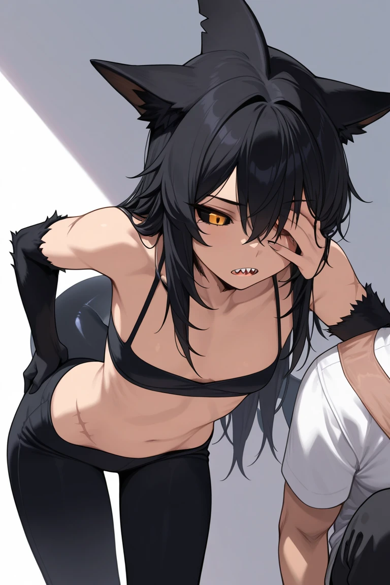 Shinomiya Kaguya, Shinomiyakaguya, Red eyes, small breasts, list brook, black fur, Red eyes, naked, saliva, drooling, sweat, suggestive pose, collar for cats, hand near mouth 