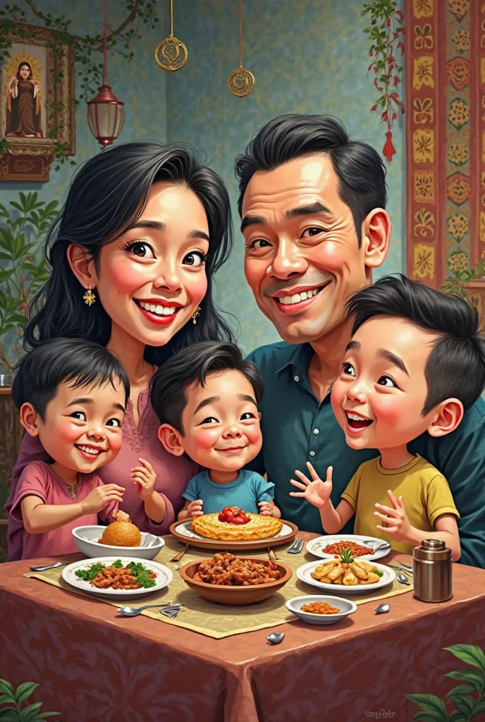 cartoon family portrait of a man, woman, and two children, caricature illustration, digital art cartoon, in cartoon style, cartoon digital painting, cartoon digital art, potrait, cartoon portrait, an indonesian family portrait, cartoon artstyle, caricature style, digital cartoon painting art, realistic cartoon, cartoon style illustration, family portrait, happy family, cartoon art style, high quality portrait
