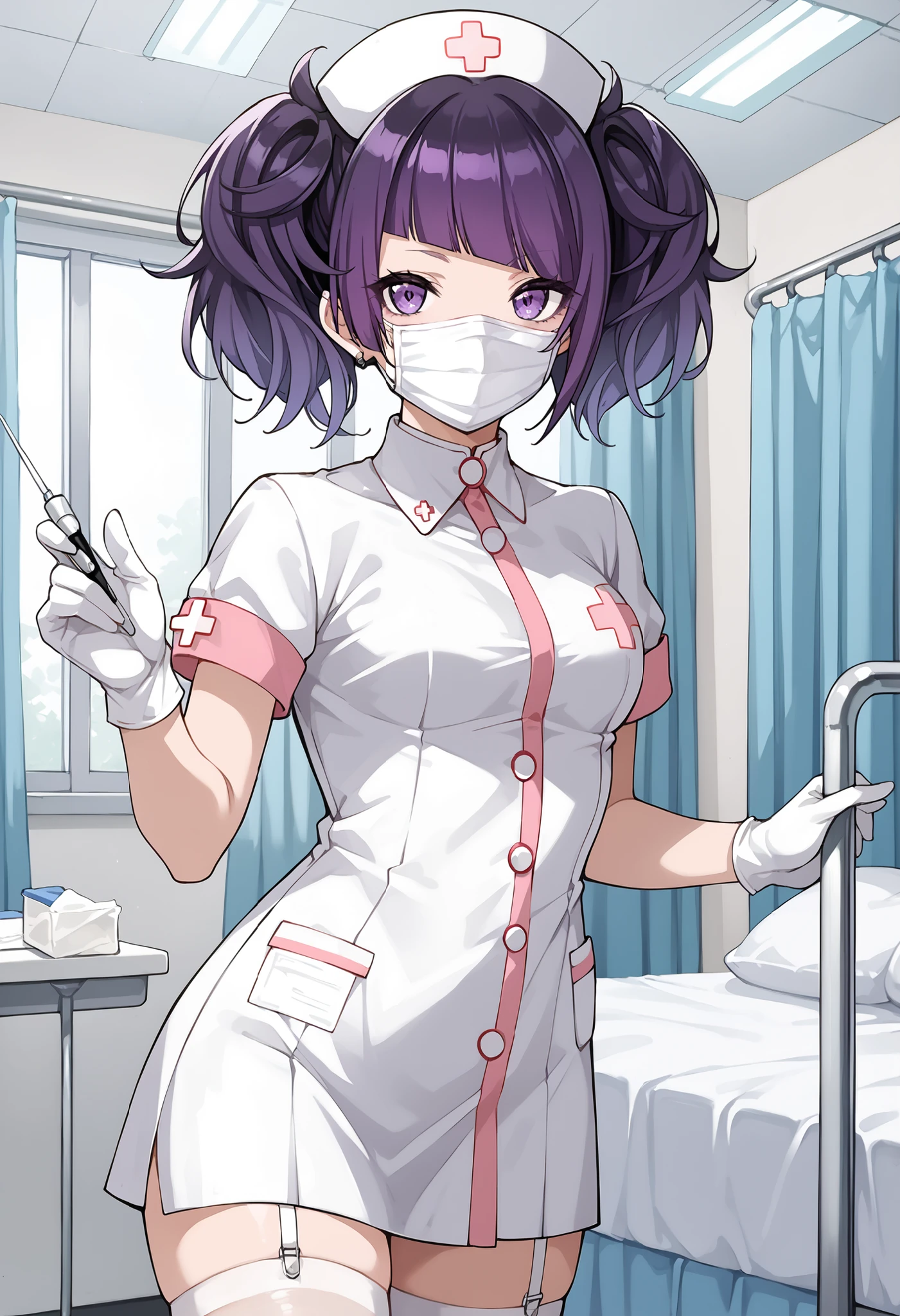 Score_9, score_8_up, score_7_up, source_anime, tnkmmm, solo, purple hair, short twintails, blunt bangs, diagonal bangs, purple eyes, medium breasts, small breasts, (best quality), (high quality), {masterpiece}, extremely delicate and beautiful, ultra-detailed, beautiful detailed eyes, nurse, nurse hat, ((white nurse's outfit)), white gloves, white thighhighs, hospital room, ((white mask, mouth mask, covered nose)), standing