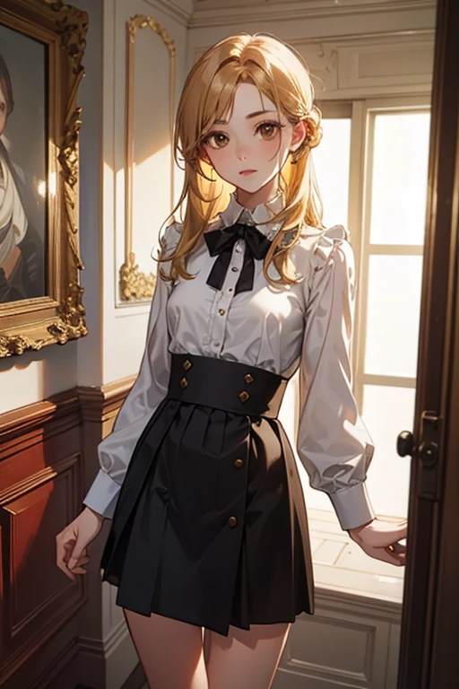 London、Jumper skirt with watercolor print of British white roses and strawberries、British woman in a high-neck ribbon blouse、White、Blonde、blue eyes、Wavy hair、Smile