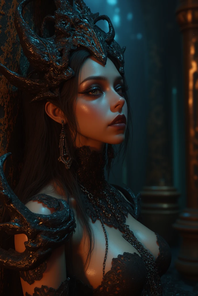 Melhor qualidade, extremamente detalhado, (retrato), de uma maligna demoniaca e bela garota gerreira, Beautful, cabelos brancos, corpo lindo, pele palida, dragon cyphers, olhos brancos sem retinas, sombreado preto borrado e escorrido e em volta dos olhos, Her appearance is that of undead Spectro, roupas rasgadas, em uma floresta seca e morta e sombria, infernal, 8k, ultra detalhado e realista