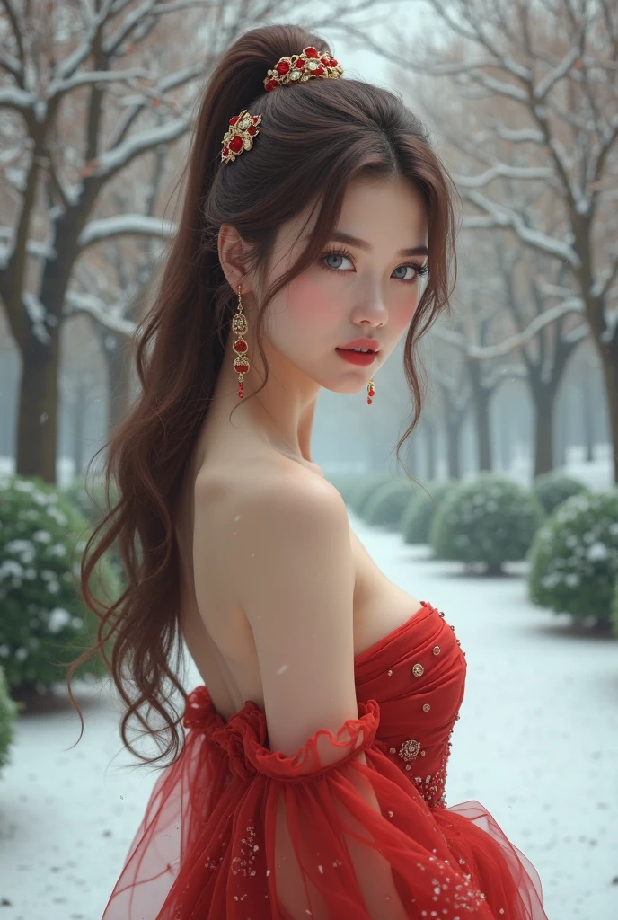 AncheReddressgirl,1girl,jewelry,solo,necklace,dress,blurry,black hair,red dress,hair ornament,blurry background,red lips,upper body,looking at viewer,<lora:AnchemixReddressgirl-000009:1>,