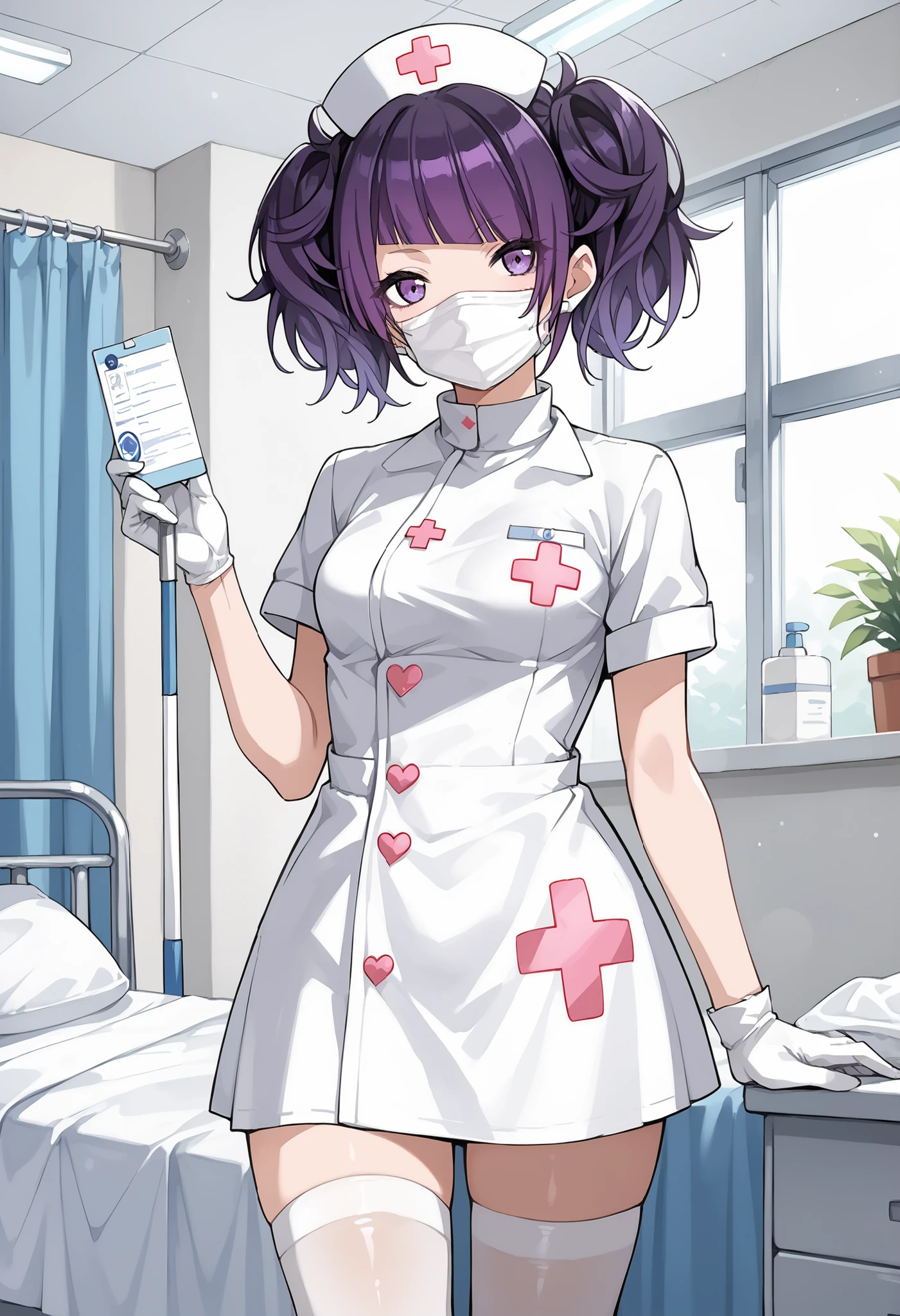 Score_9, score_8_up, score_7_up, source_anime, tnkmmm, solo, purple hair, short twintails, blunt bangs, diagonal bangs, purple eyes, medium breasts, small breasts, (best quality), (high quality), {masterpiece}, extremely delicate and beautiful, ultra-detailed, beautiful detailed eyes, nurse, nurse hat, ((white nurse's outfit)), white gloves, white thighhighs, hospital room, ((white mask, mouth mask, covered nose)), standing