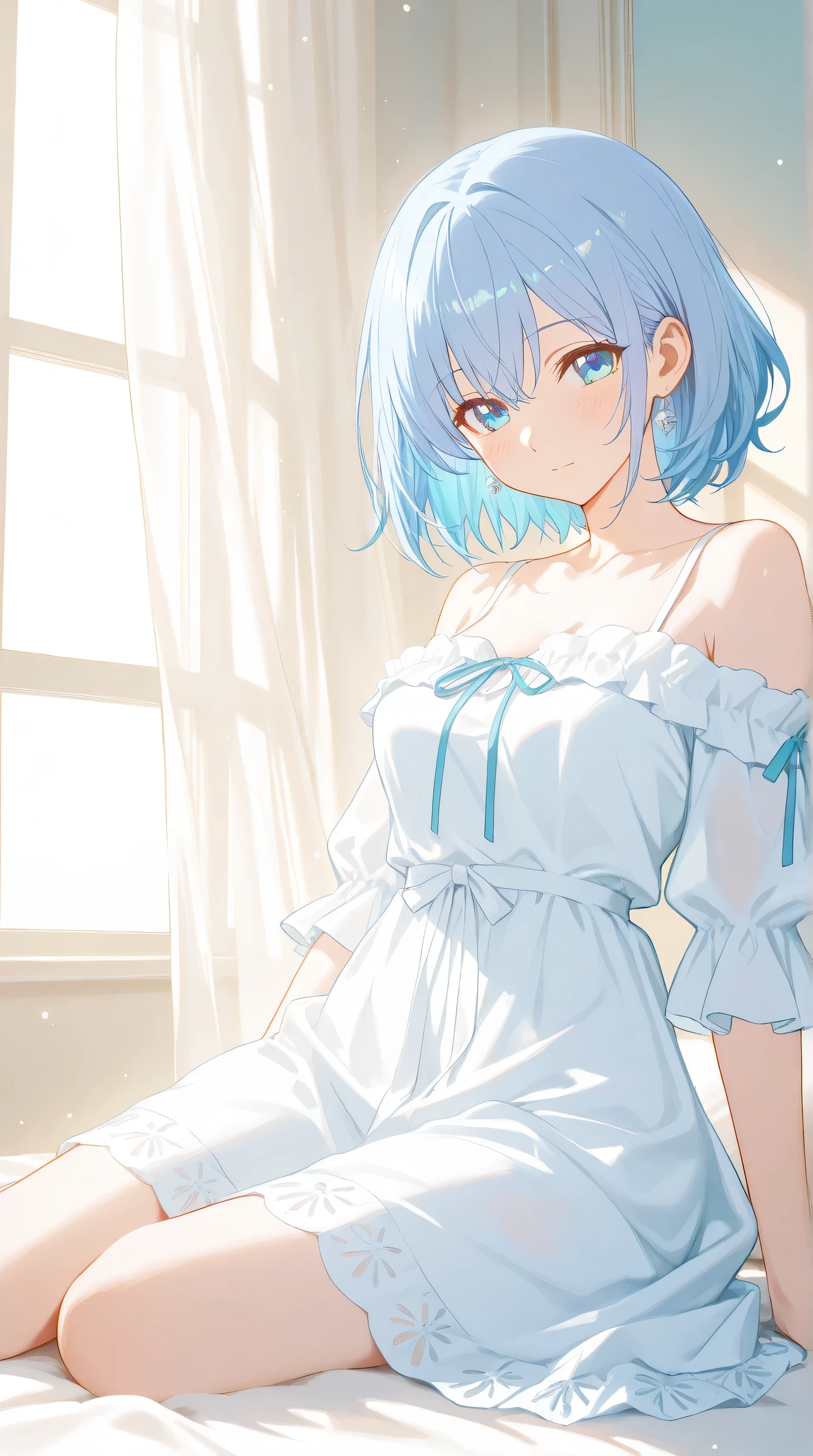 Masterpiece, Best Quality, Top Quality, Very Detailed, 1 girl, A stunning anime-style woman with long, flowing silver-blue hair, sitting gracefully on a white bed in a softly lit room. She wears a delicate, off-shoulder white dress that drapes elegantly, blending with the ethereal light surrounding her. Her serene blue eyes gaze gently, reflecting the warm morning sunlight streaming through large windows with sheer curtains swaying in the breeze. The scene is bathed in a dreamy, pastel glow, with subtle sparkles of light dust floating in the air. A peaceful, romantic atmosphere fills the room, enhanced by soft shadows and a gentle color palette.