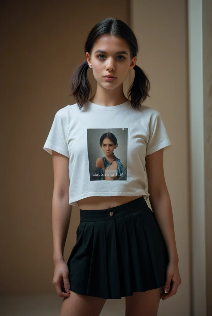 Photo of a 20 year old brunette woman. face facing the camera. ((The body is visible all the way up to the thighs)). (front look. Stand straight facing the camera), head straight. looking at the camera. (full visible up to your thighs). que tiene una cara muy natural, labios finos, Ojos delgados, cejas finas, nariz delgada, Pendientes, long eyeslashes. (t-shirt and skirt). Long hair. Perfect breast. Red. Blue. Green. Pink. Yellow.