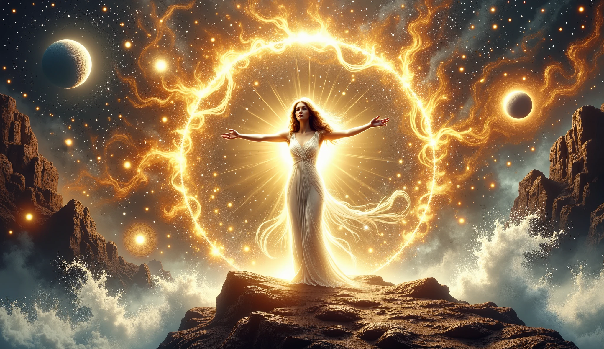 a painting of a woman standing on a rock near the ocean, goddess of light, sun goddess, as the sun goddess, Sam Guay, radiating golden light , Inspired by Donato Giancola, golden ethereal light , Alberto Lynch, Donato Giancola's style, by Donato Giancola, virgil finlaytim hildebrandt. A figure with a long , flowing curly hair is set amidst a cosmic and oceanic scene. She wears a luminous white dress adorned with heavenly patterns Matches that match the radiant, sun-like aura that surrounds her. Her arms are gracefully extended, giving the impression of serene authority and divine presence. The background presents a dramatic seascape of crags and crashing heavenly waves, set under a richly textured sky filled with stars and planets. The lighting emanates warmly behind her, soft casting, ethereal shadows and creates a mystique, supernatural atmosphere.