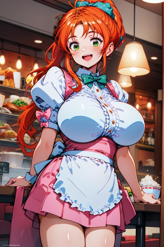 Promotional photos, The place is a coffee shop, 1 girl, 16 year old face, The waitress brought the cake to the table, Redhead with double ponytail, Gentle face, Strawberry pattern gothic lolita half-length maid costume, White-based clothes,Big Breasts,milf