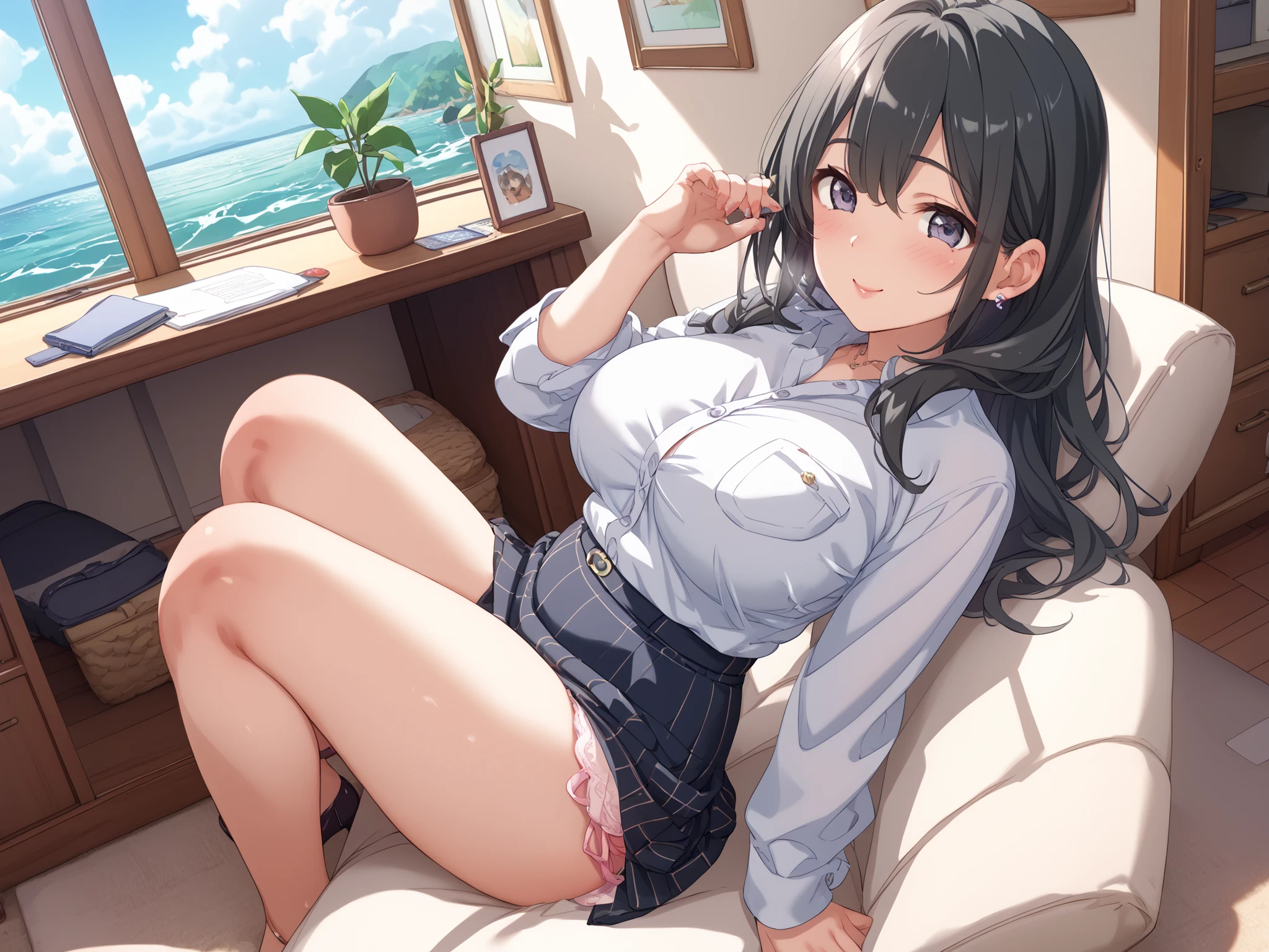 Japanese、black hair、long hair、Wave Air、Big Breasts、house wife、Mature Woman、Married Woman、tight skirt、suit、office lady、sitting、panties、masterpiece、top quality、uncorrected、Western-style room、interior