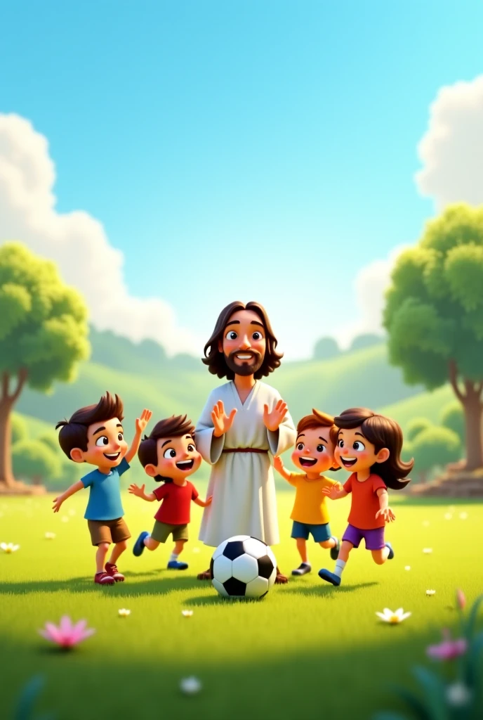 Smiling Jesus playing soccer with 5 children