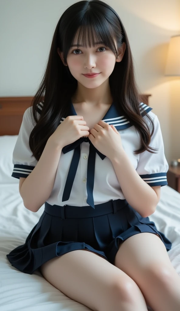 (masterpiece, best quality:1.2), 8k, official art, raw photo, incredibly absurdres, (sailor uniform, serafuku:1.0), ,highschool student,beautiful girl, pretty face, arch back, close up, , short sleeve, gardenia, violaceaess, (short ponytails:1.3),teen, classr looking at viewer, no makeup, film grain, chromatic aberration, sharp focus, facelight, dynamic lighting, cinematic lighting, detailed eyes and face, bokeh background,(cowboyshot:1.3),(small brests:1.2),(skinny:1.2),(smile:1.2),(school swimsuit:1.0),(fullnude:1.5),(show pussy:1.4),(bottomless:1.6),8from below:1.3),