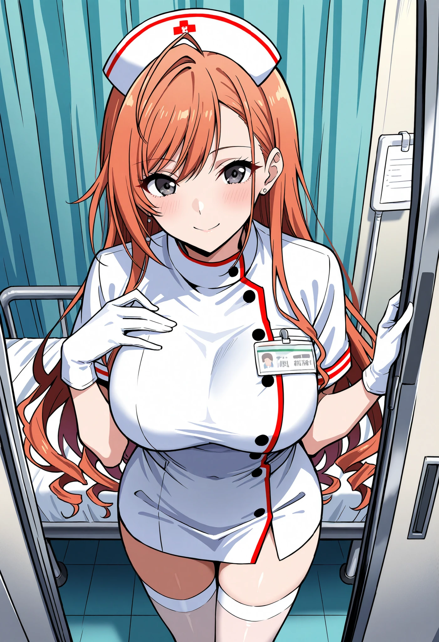 My name is Hikaru, I am a white test woman with long red hair and black eyes. I am 1.60 cm tall and weigh 46kg. My breast sizes are 300 cm, my waist is 60 cm and my hips are 200 cm. Dressed in a nurse's outfit along with the hat. With big breasts 300 cm