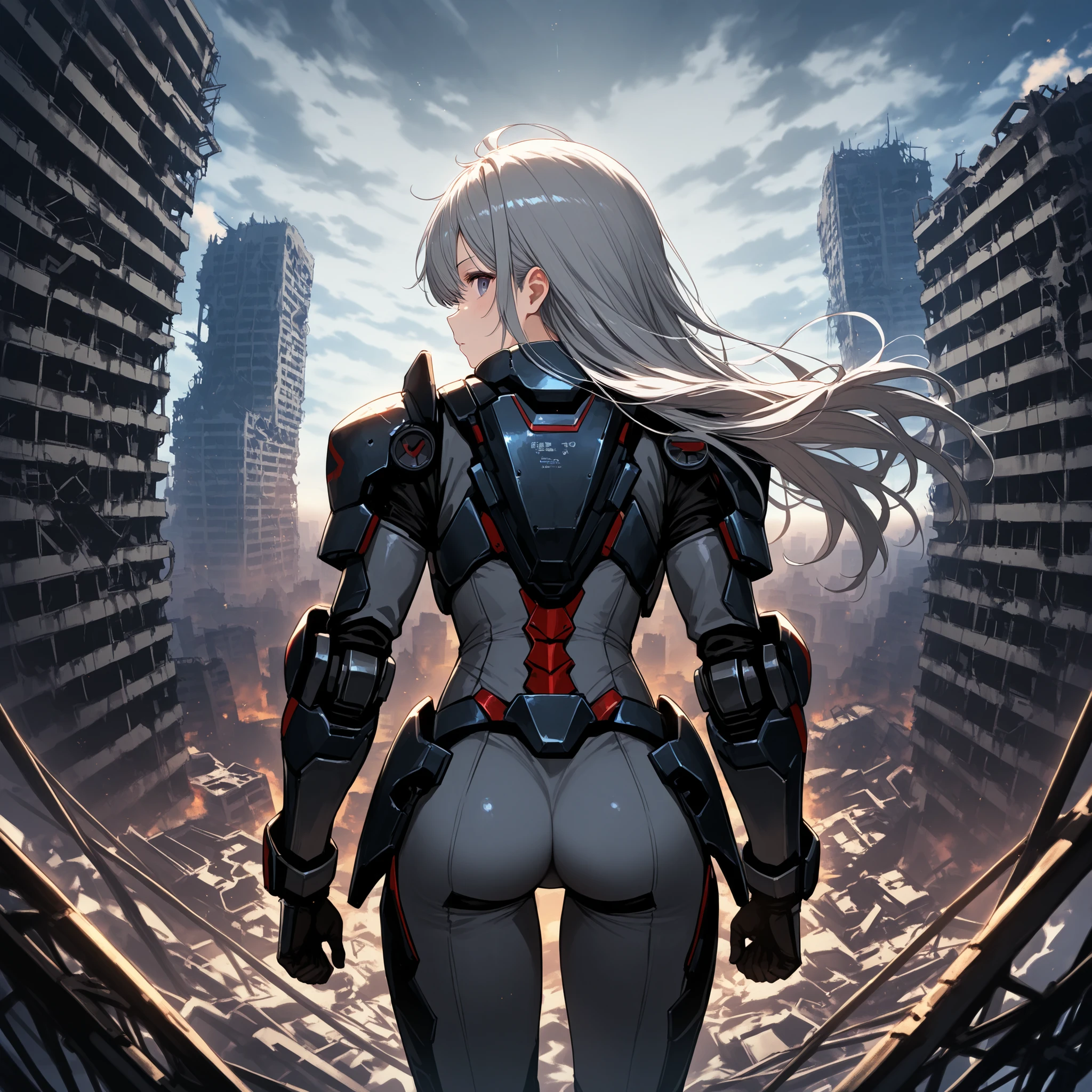 Depict a small woman　Gray Hair　long hair　See the abandoned city from the top　 Collapse　back view　Futuristic clothes 　robot armor suit　grow　back view　a high　 gray sky 　Ashes are scattered