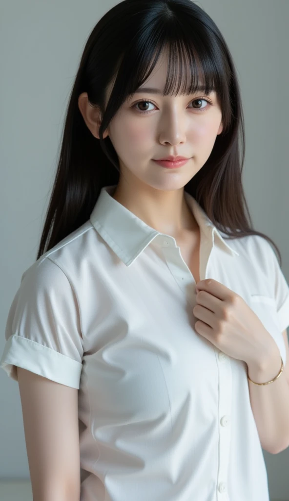 ((masterpiece, best quality)), (1 Girl), (Solitary), Skinny Japanese woman, 24 years old, (Women's Focus), night (Chainsaw Man),(Very rich facial details, Real images, Realistic white skin, Realistic body, Intricate details), Upper Body, Serious , Brown eyes, Looking at the audience, bandage over the body, Black Hair, Long-sleeved shirt, Apron Dress, Black tie, bandage, bandage, Small Breasts