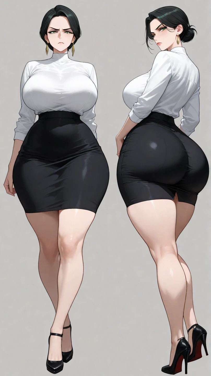 Woman with short blonde hair, short twintails, pale skin, wearing a tight white T-shirt, a black micro skirt, and small black flip flops, wide hips, thick thighs, large thighs, small feet, feet, 5 toes on each foot, white background, standing up