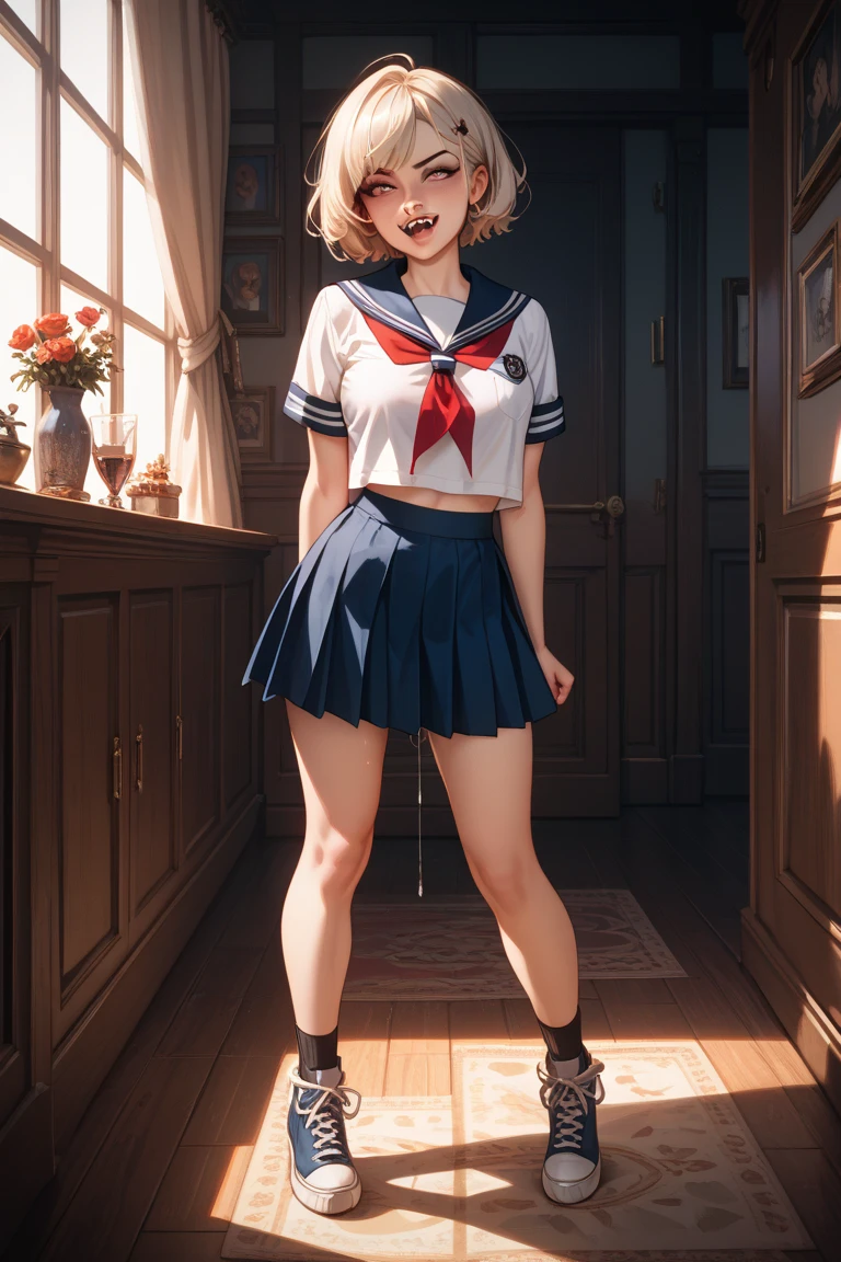 （masterpiece，high resolution， Extremely detailed），Cosy bedroom，1 Girl，((Solitary))，Looking at the audience，Light Blonde Hair，Green Eyes，White hair，(Huge tits)，Sailor Suit，up skirt，Flat Belly，Slender legs，(Red nose:1.4)，(Full Body Love)，