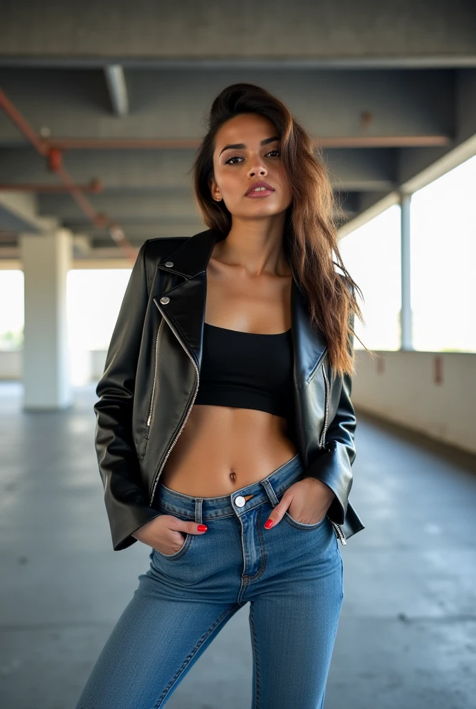smiling woman with glasses and a black jacket with a white tshirt underneath and ripped jeans and black leather boots, chains hanging off her jeans, badass attitude, mischievous smile, straight black hair in a pixie cut haircut, petite body, mixed-race, south east asian with round face, bronze skin, maya takamura-hana yata-gemma chen-pilar-ayamin kojima-macoto takahashi-fujita goro-alanis guillen-hannah yata-jen zee-roxie vizcarra-masami suda-jenifer lewis-dominique tipper-keyshia cole-jada pinkett smith-uzo aduba-luciana carro merged, entire body visible