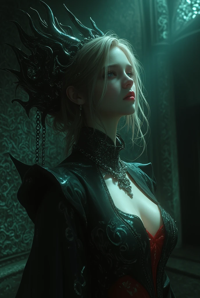 Extreme dark forest in the background, Colorful. sinister, aurora, Myth and magic, Erotic pose, Gray hair on pores, small tits, Big eyes, The body is covered with tattoos, Red lips, Erotic, Dark light, Black dress