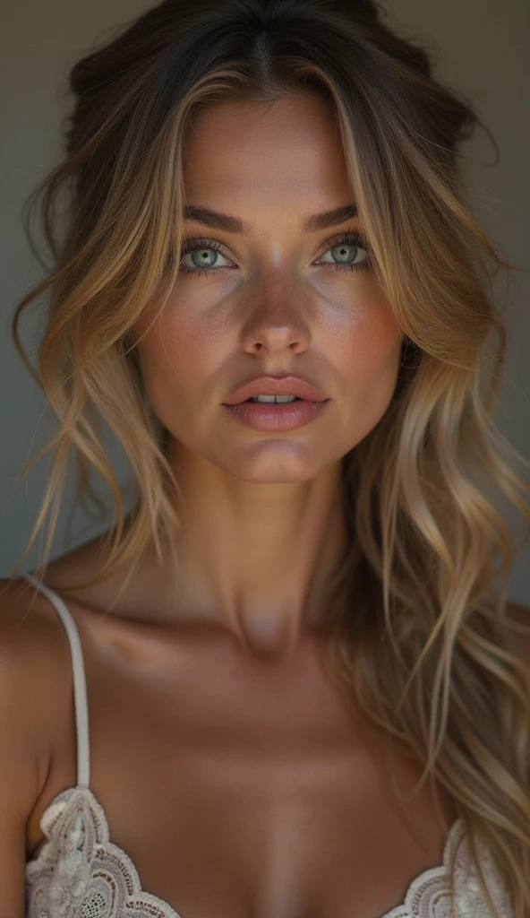 une belle fille aux longs cheveux blonds, detailed eyes, nose, and lips, full body, dans un studio photo, Serious photo, takes a selfie with his right arm, (best quality,4K,8k,high resolution,head of'artwork:1.2),ultra-detailed,(realistic,photorealistic,photo-realistic:1.37),HDR,studio lighting,Highly detailed face and body, portrait,Cinematic lighting,Dramatic lighting,warm color tones,couleurs dramatiques