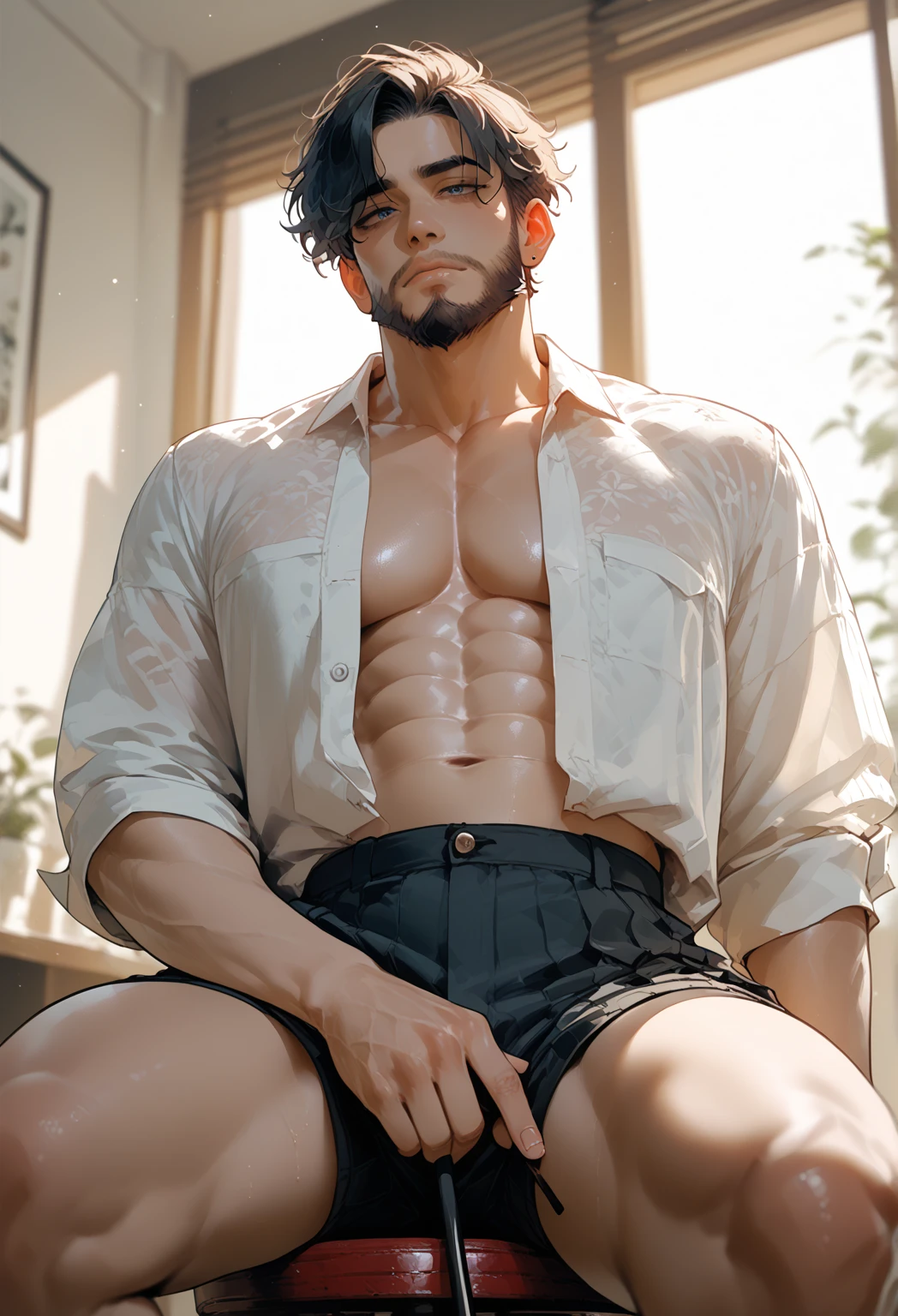 Kogoro Mouri,Shirtless,Tong,Bulge,onbed,leg wide open,black long socks,Muscle men,lbeard,fortitude,artwork of a,tmasterpiece,k hd,an look of enjoyment,Be red in the face