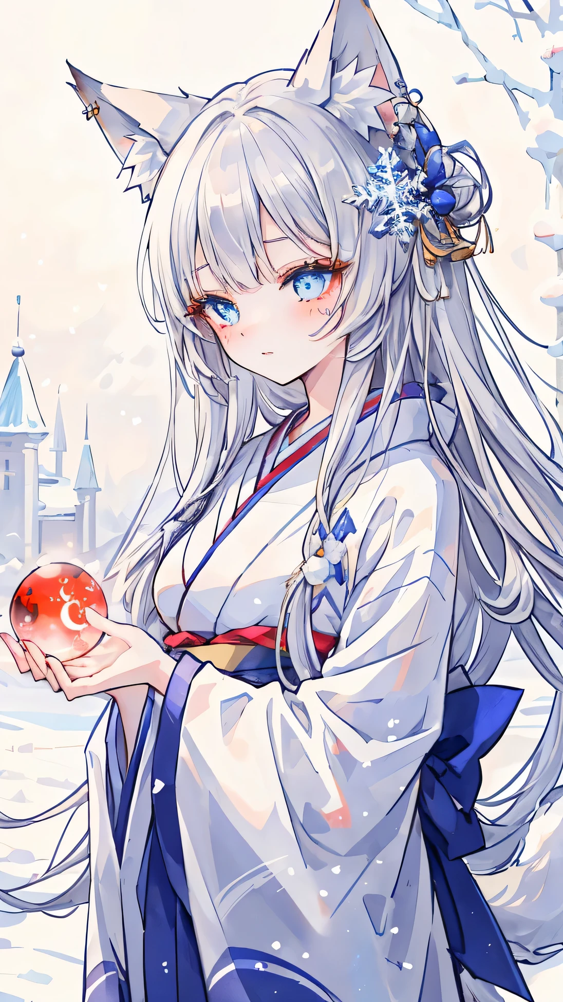 Masterpiece, Best Quality, Top Quality, Very Detailed, 1 girl, An enchanting anime-style fox girl with long, flowing silver hair and piercing blue eyes, set in a mystical snowy landscape. She has nine fluffy white tails and fox ears adorned with delicate ice crystal ornaments. Her face is marked with red tribal whiskers, enhancing her ethereal charm. She wears an elegant, fur-lined kimono with silver embroidery and red accents. Holding a glowing, icy-blue orb in her hands, she gazes mesmerizingly, as snowflakes dance around her in a soft winter storm. The background features a blurred, frost-covered battlefield, adding depth and mystery.