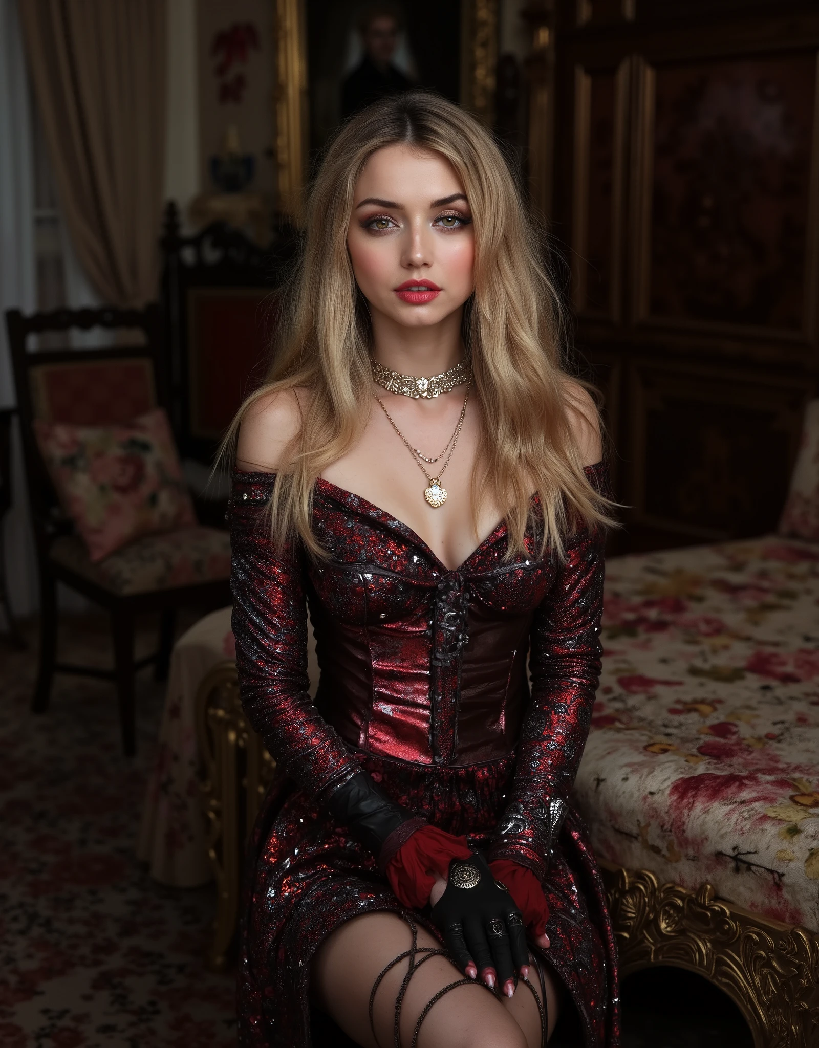 Slavic girl 26 years old, blonde hair, petite, slim, curly hair, stockings, dark red lips, sitting on a throne from game of thrones