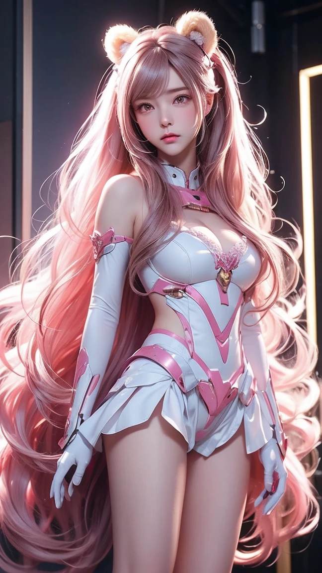pnkdamond, pink hair, pink eyes, Long hair, stomach gem, pink skin, toned,
puffy short sleeves, elbow gloves , white thighs, Puffy dress,
standing, Upper part of the body,
outer space,
(incredibly detailed, beautiful detailed face,beautiful detailed eyes, masterpiece, Best Quality) cinematic lighting, smile,