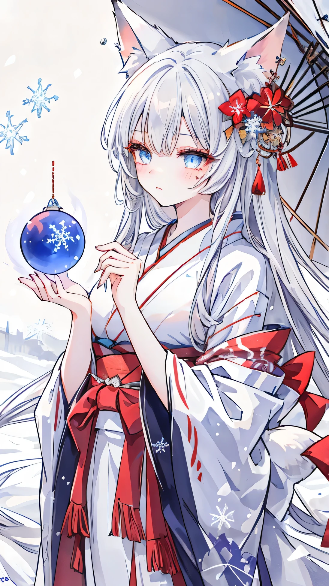 Masterpiece, Best Quality, Top Quality, Very Detailed, 1 girl, An enchanting anime-style fox girl with long, flowing silver hair and piercing blue eyes, set in a mystical snowy landscape. She has nine fluffy white tails and fox ears adorned with delicate ice crystal ornaments. Her face is marked with red tribal whiskers, enhancing her ethereal charm. She wears an elegant, fur-lined kimono with silver embroidery and red accents. Holding a glowing, icy-blue orb in her hands, she gazes mesmerizingly, as snowflakes dance around her in a soft winter storm. The background features a blurred, frost-covered battlefield, adding depth and mystery.