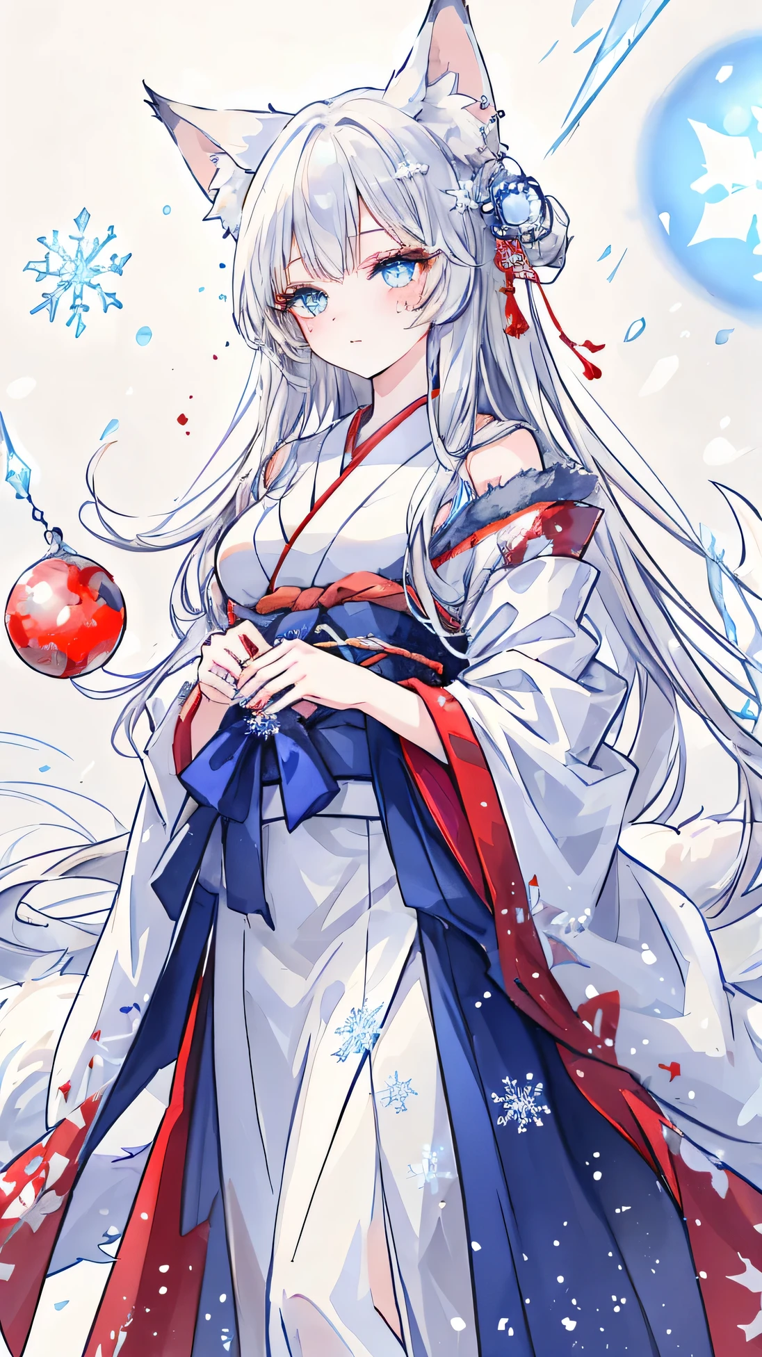 Masterpiece, Best Quality, Top Quality, Very Detailed, 1 girl, An enchanting anime-style fox girl with long, flowing silver hair and piercing blue eyes, set in a mystical snowy landscape. She has nine fluffy white tails and fox ears adorned with delicate ice crystal ornaments. Her face is marked with red tribal whiskers, enhancing her ethereal charm. She wears an elegant, fur-lined kimono with silver embroidery and red accents. Holding a glowing, icy-blue orb in her hands, she gazes mesmerizingly, as snowflakes dance around her in a soft winter storm. The background features a blurred, frost-covered battlefield, adding depth and mystery.