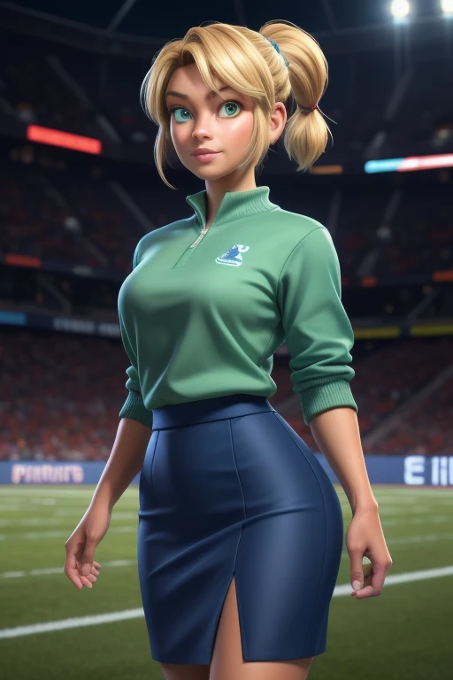 woman wearing sleefest with Purple diamond decoration with mini skirt bottom. matching stockings with Beige decoration, turtleneck, crop top, midriff, 
 solo, long hair, looking at viewer, smile, aqua hair, standing, lips, 
basety style , ([Amy( :0)Adams|Charlize( :0)Theron|avi love]:0.85) middle shot,
Crowded sports stadium and game day
 <lora:holiday_outfit_sleefest_xl:0.7>
