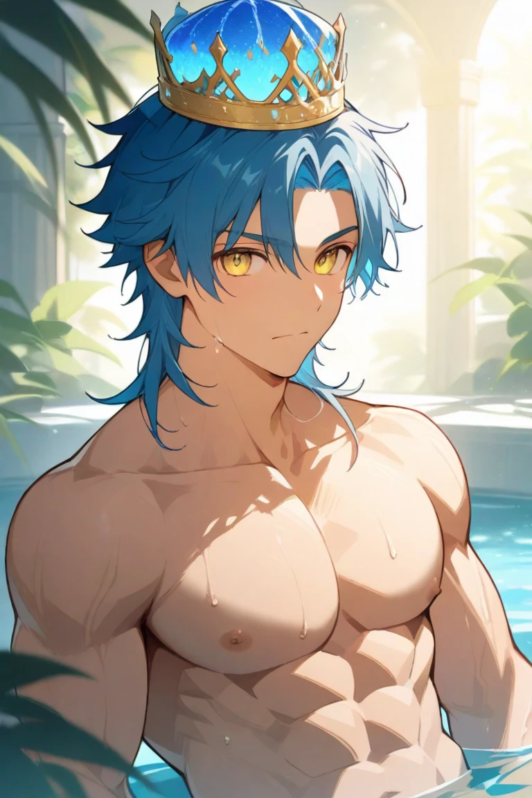 (best quality,4k,8k,highres,masterpiece:1.2),ultra-detailed,realistic,blue eyes,toned abs,full body,jewelry,focus on male,pectoral muscles,solo performance,swimming trunks,bare-chested male,barefoot,Close-up of feet