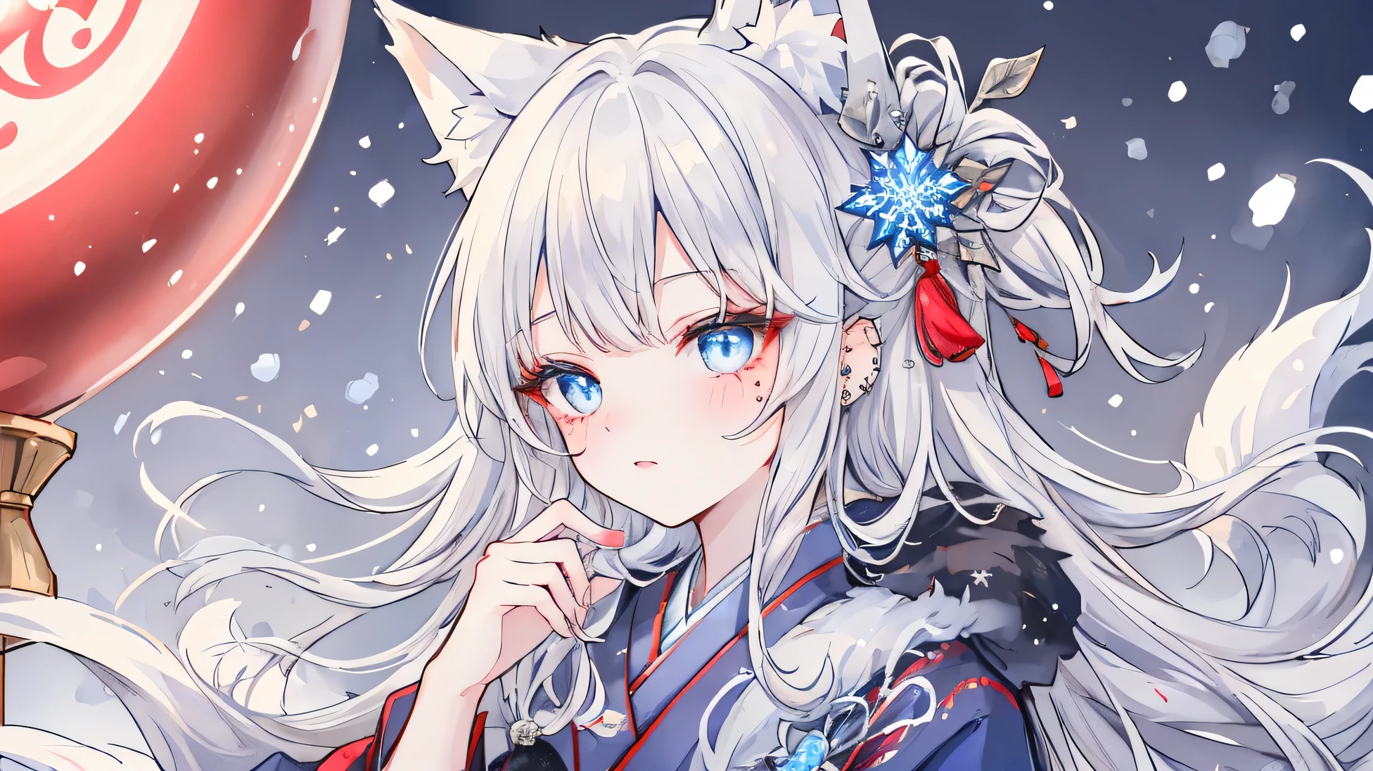 Masterpiece, Best Quality, Top Quality, Very Detailed, 1 girl, An enchanting anime-style fox girl with long, flowing silver hair and piercing blue eyes, set in a mystical snowy landscape. She has nine fluffy white tails and fox ears adorned with delicate ice crystal ornaments. Her face is marked with red tribal whiskers, enhancing her ethereal charm. She wears an elegant, fur-lined kimono with silver embroidery and red accents. Holding a glowing, icy-blue orb in her hands, she gazes mesmerizingly, as snowflakes dance around her in a soft winter storm. The background features a blurred, frost-covered battlefield, adding depth and mystery.