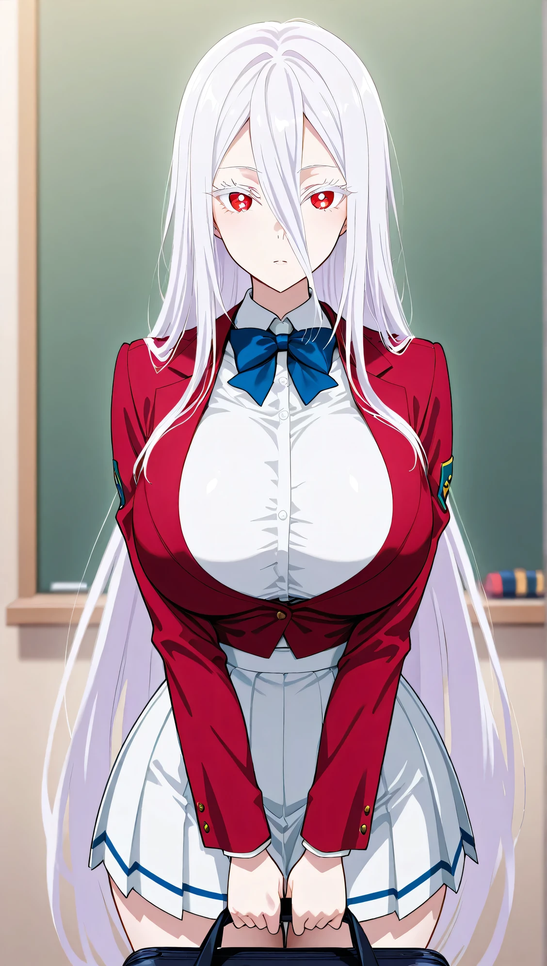 Masterpiece, source_anime, top-quality, perfect anatomically, correct anatomy, sharp focus, 4K, 8K, anime girl, 2D, 1girl, solo, Shiraori (so I'm a spider, so what?), beautiful face girl, white hair (light-purple in hair), long hair, very long hair, hair down, straight hair, bangs that extend beyond the face, very long bangs, bangs cover nose, red eyes, eyes detail, white eyebrows, white eyelashes, bright skin, pale skin, shiny skin, beautiful asian girl, sexy girl, sexy body, japanese goddess, beautiful body, asian girl, beautiful body and face, japanese model, attractive body, perfect body, beautiful woman body (voluptuous), beautiful asian woman, beautiful feminine body, sexy :8, beautiful symmetric body, with beautiful exotic, japanese, bright skin, pale skin, big breasts (big-breasts:1.4), first-rate breasts, slim waist (narrow waist, sexy waist, curvy), proportional to athleticism, wide hip, tight thighs, beautiful long legs, beautifully body, top Rated female body, Broad shoulder, dynamic details, perfect face, Highly detailed beautiful face and eyes, perfect hair (handled hair:1.1), front view, looking at viewer, cote school uniform, (red jacket and with shirt undernearh, white skirt, pleated skirt, bowtie, blue bow), v arms, holding school bag (apanese school bag), standing behind chalkboard, detailed classroom background, morning atmosphere