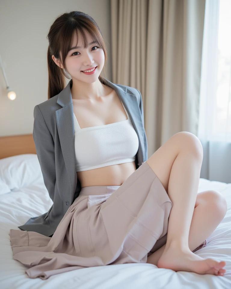 (8K high image quality), (top-quality), (RAW image quality),(masutepiece:1.2), (Realistic), (Photorealistic:1.37), largeeyes,long eyelasher,Precise action and realistic style),The Ultimate Face,Photorealistic, Light and shadow,Clear facial features,milky skin,Fair skin, highdetailskin,Realistic skin details,Visible Pore,(Super Detail),Hair length is random, (Flowing hair),Best portraits,Shot from a short distance, Only one girl, Cute,Beautiful detailed eyes, beautiful detailed nose, highlydetailed skin) ,(Beautiful face with double eyelids), (Realism: 1.4),,delicate and beautiful face,,25-years old,(Beautiful Face 1.4),A slender, (An office lady wearing a suit jacket:1.2),((In the company,Big Office)),,Natural smile,(,Looks fun),Medium Hair,,((An office lady wearing a suit jacket)),Very beautiful legs,(((Smile at your audience)),Very attractive smile,Sit with your legs wide open,((sit and show off white panties)),(((Spread your legs and show off your crotch)),sitting on,