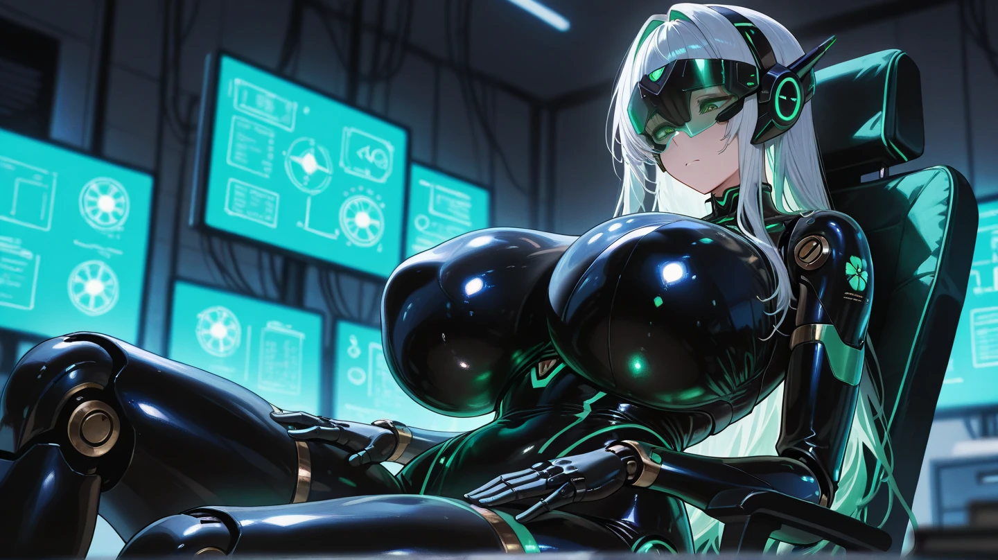 (((masterpiece))), (((best quality))), ((ultra-detailed)), (highly detailed CG illustration), ((an extremely delicate and beautiful)),cinematic light, biomechanical, hrgiger, dystopianx style, fog, darkness, grain, cybernetic, artificial intelligence, space station environment, System Shock, Shodan, green and grey cyber skinned cybernetic beautiful female, (wires and cables attaching to neck:1.2), (wires and cables on head:1.2), cyber glowing short hair, beautiful cyber face, menacing glowing green cyber eyes, massive breasts, colossal breasts, monster breasts, plump, thick thighs, cameltoe