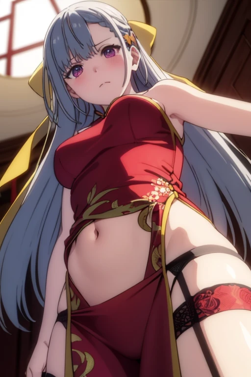 dark blue hair,,long hair,purple eyes,pointy ears,elf,tall,((red bikini)),bondage,tied up,bound,tied wrist,tied legs,,arms behinf back,(((blindfold))),blush,wet,sweat,rope,collar,leash,on the bed,eager pet pose