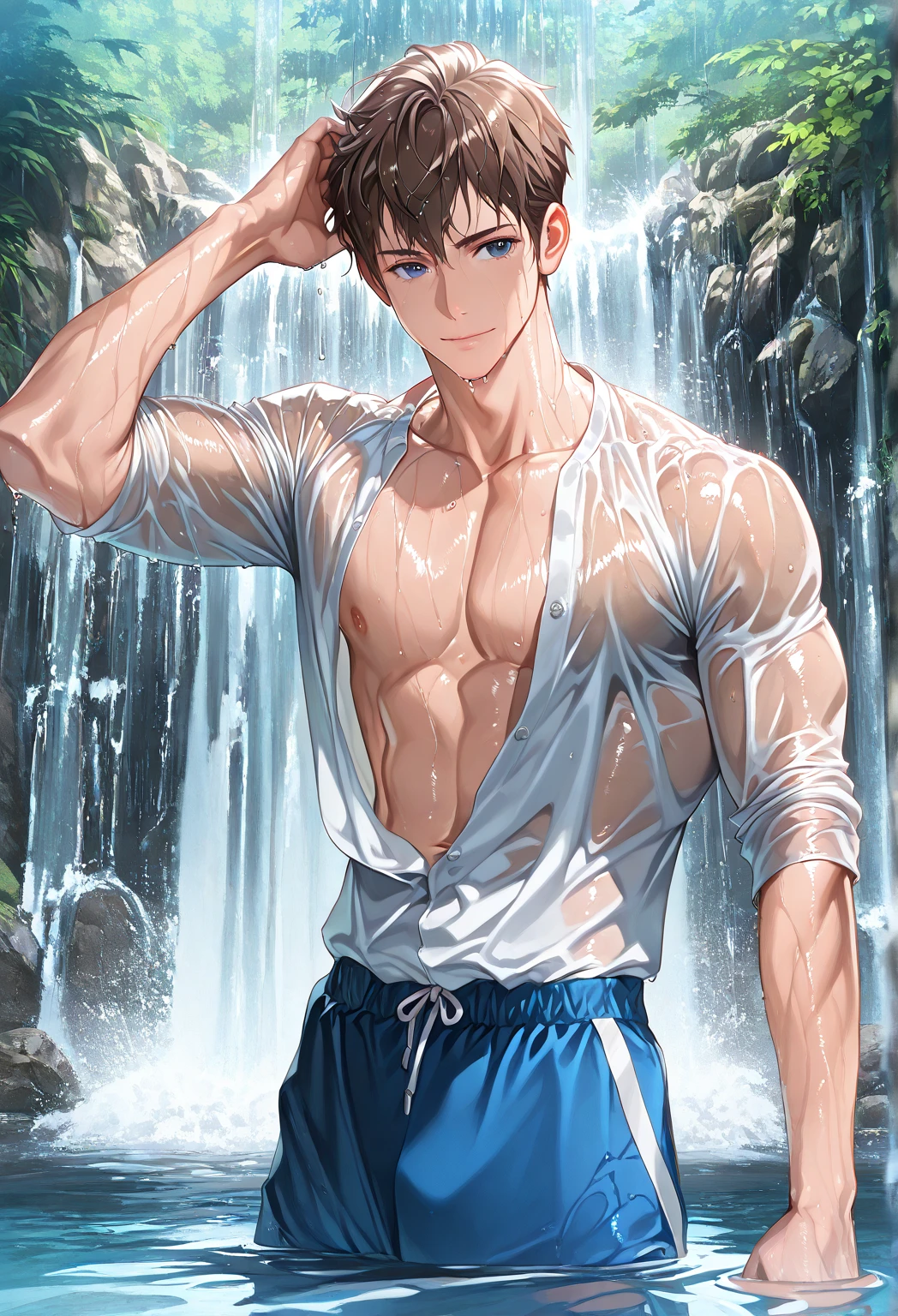 masterpiece,best quality,high quality,(1 male austere handsome solo adult age 30 years old:1.5), purple eyes, cool with suspended eyes, V-shaped eyebrows, body strong and fearless 8.5 head tall, height 185cm,(well-groomed black short hair down to neck:1.4),(bangs in three (parted bangs:1.4), slender nose, facial muscles, throat, (pectoral muscles :1.3), (rectus abdominis), (swim shorts:1.3), (stylish pose), (cool smile:1.3), (background waterfall forest:1.3) , (sunset:1.3), (upper body:1.3)
